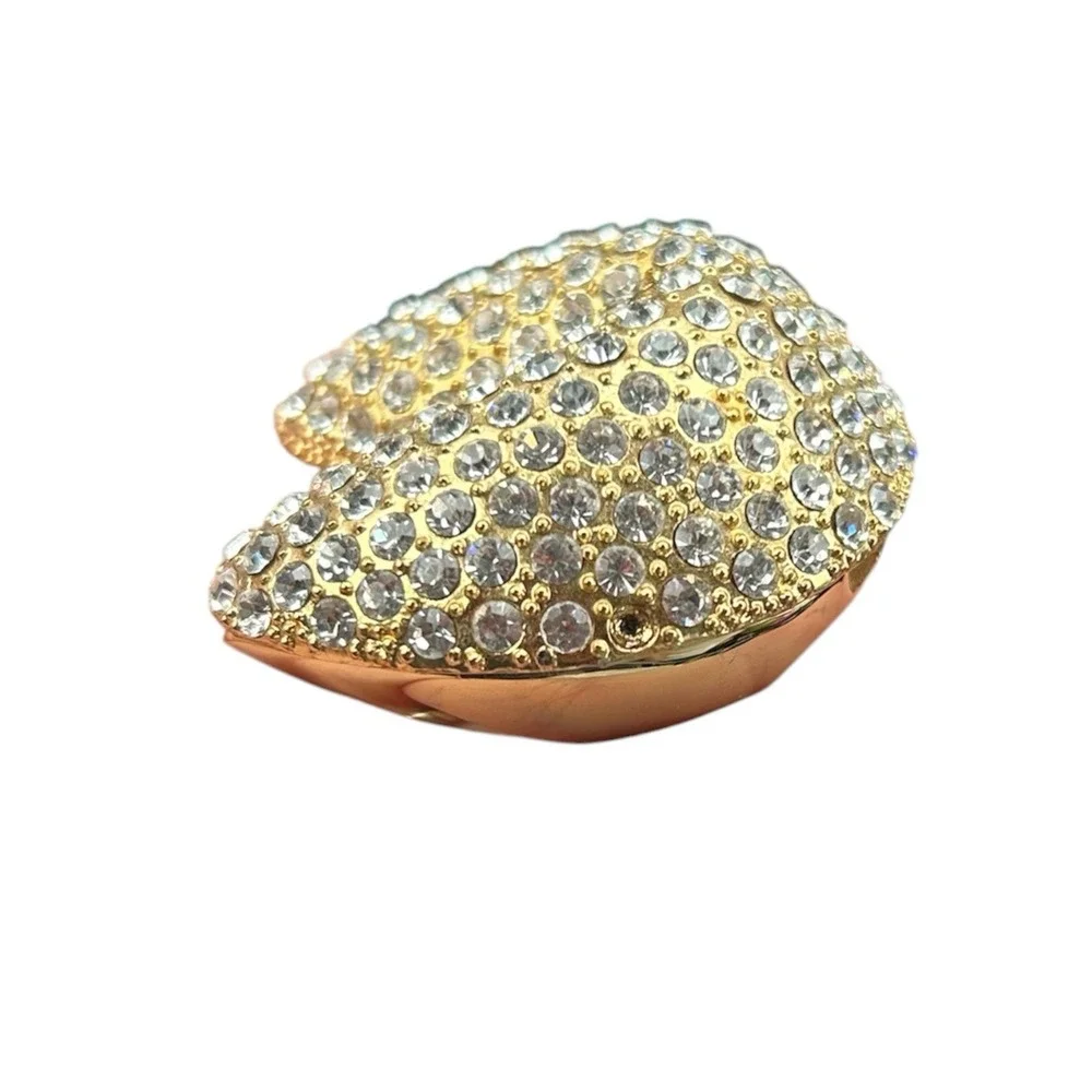 Bedazzled Fortune Cookie Trinket Box Pills Jewelry Box Crystals Gold Tone